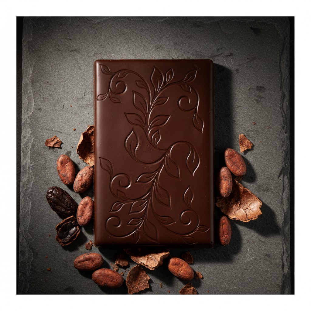 A chocolate bar with cocoa beans scattered around it on a slate surface.