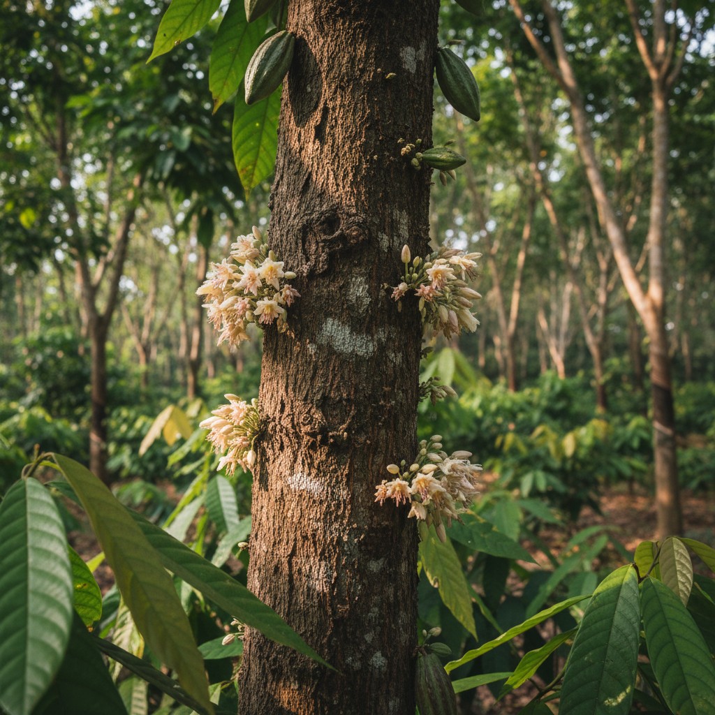 A close-up of a tall cocoa tree trunk with medium brown bark, adorned with small light pink flowers and green cocoa pods.