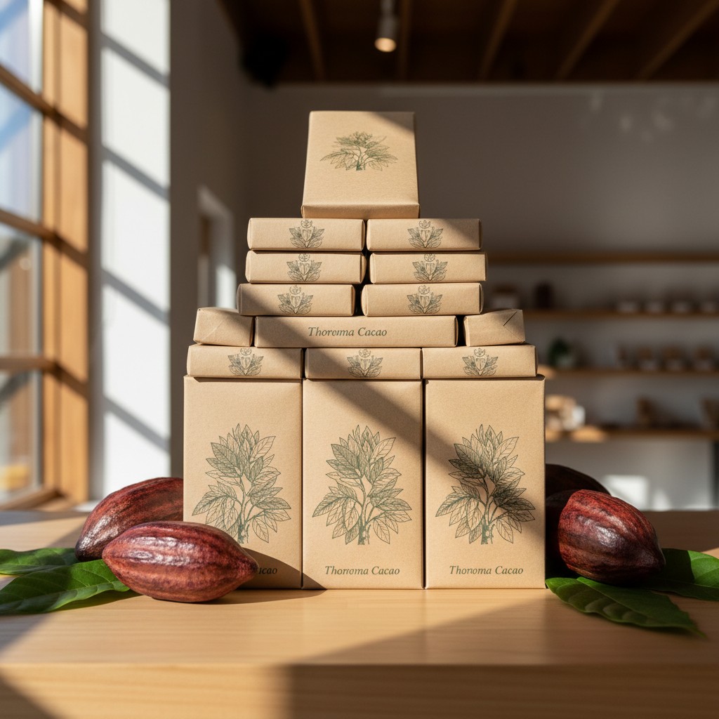 A stack of boxes with "Thoroma Cacao" printed on them, surrounded by cocoa pods, in a bright and modern room.